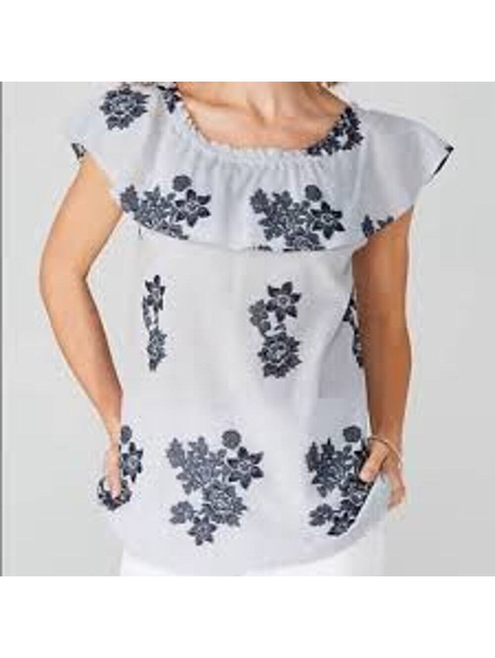 J. Jill EUC Women's Cotton Blue White Floral Embroidered Ruffle Collar Top S